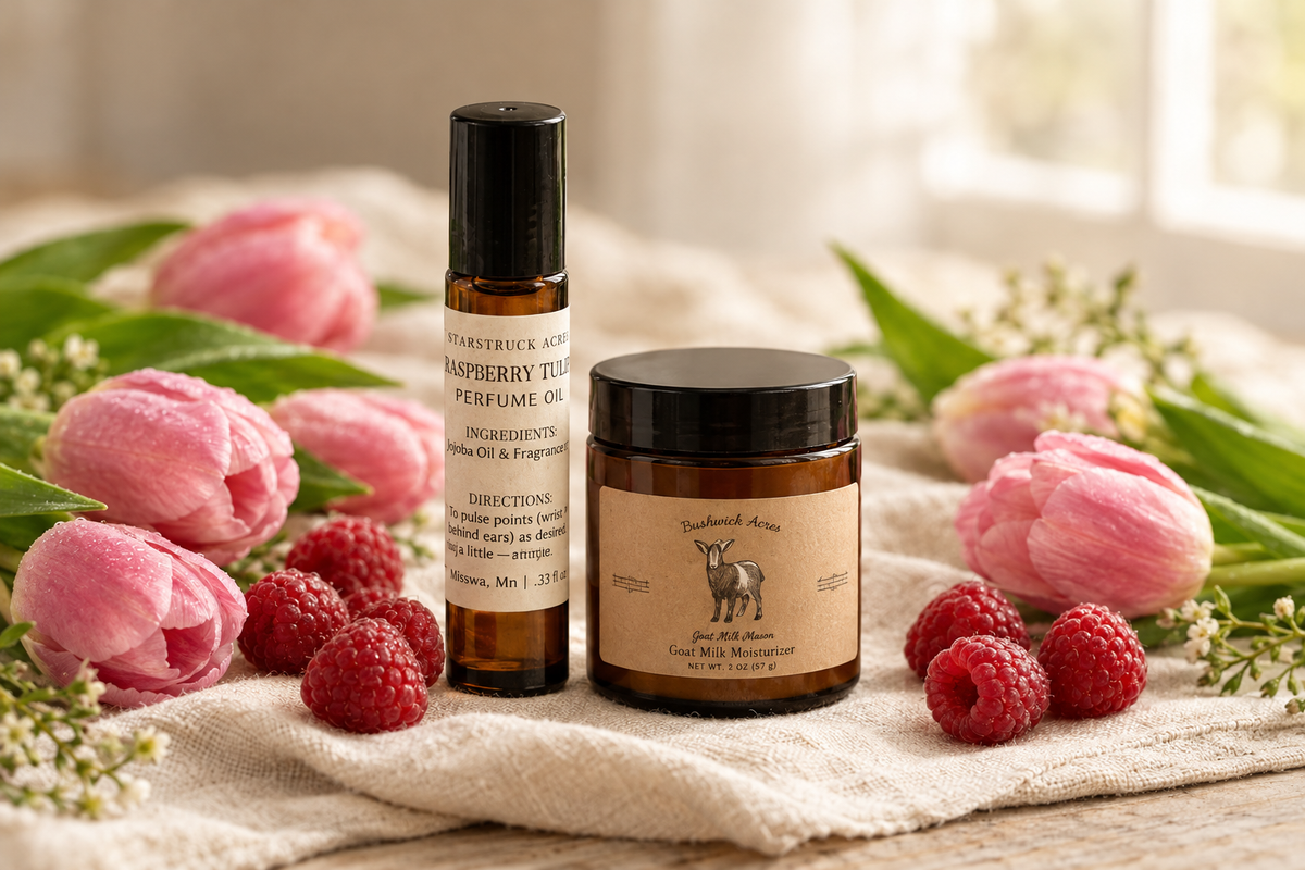 Raspberry Tulips perfume and unscented goat milk moisturizer together