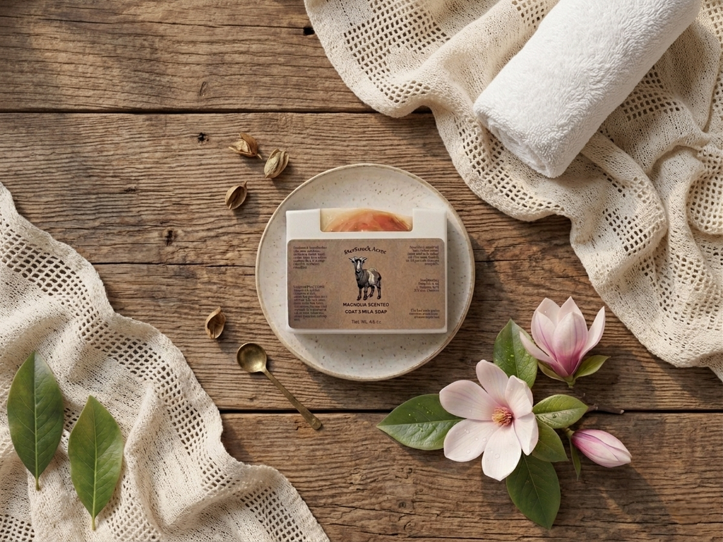 StarStruck Acres Magnolia Soap lifestyle flat lay with white flowers